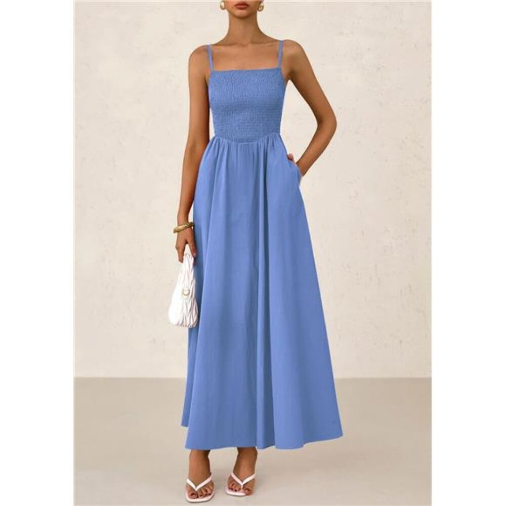 Women's Smocked | Maxi Dress | 2025 Summer | Beach Sundress | Casual | Blue - Picture 5 of 6